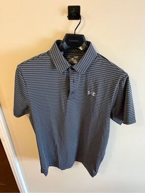 Under Armour Gray and White Striped Polo